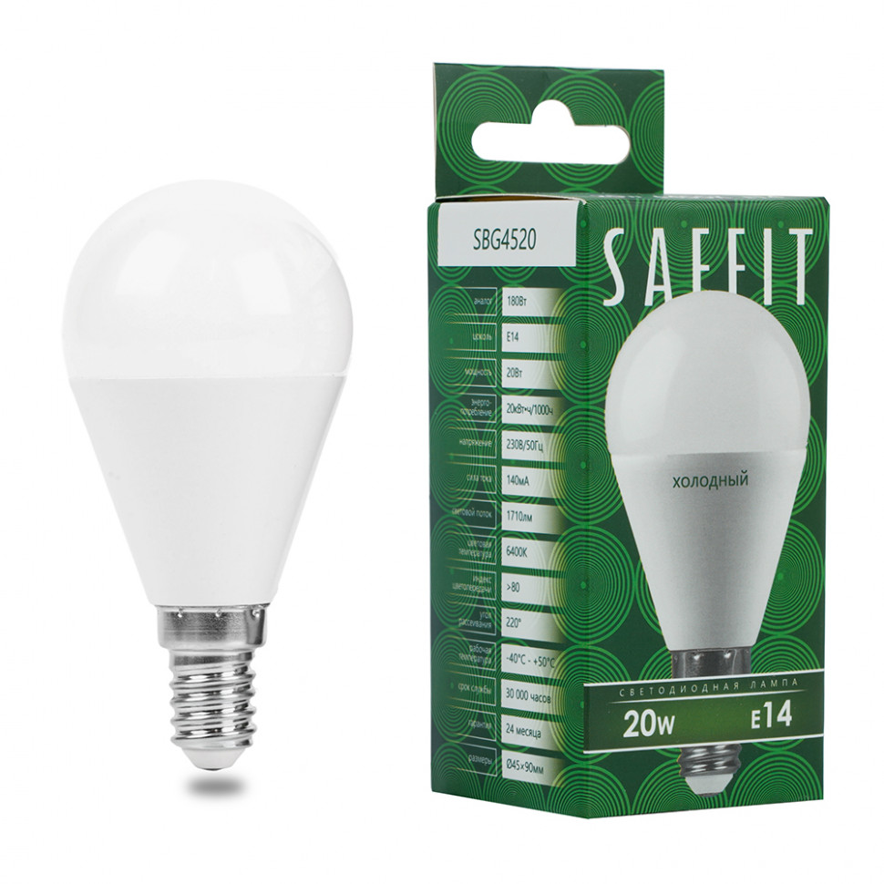 Лампа светодиодная SAFFIT SBG4520 Шарик E14 20W 230V 6400K, артикул SAFFIT 55280