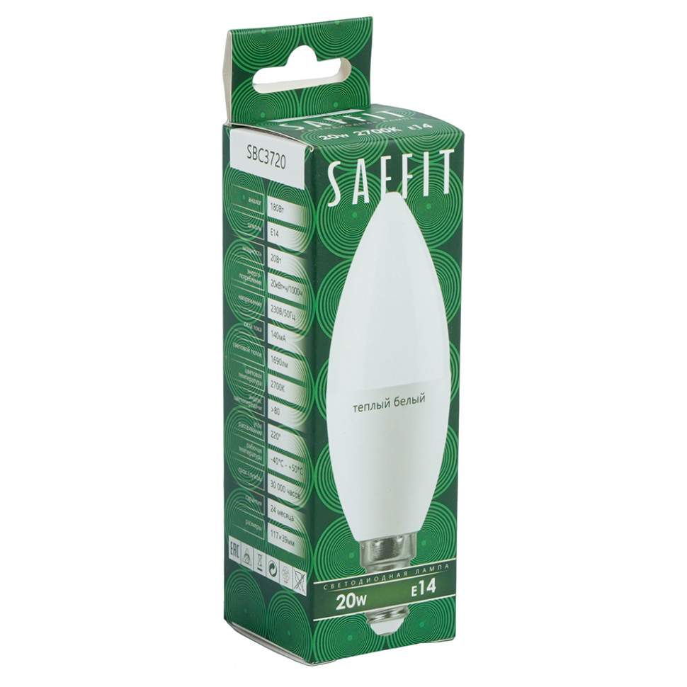 Лампа светодиодная SAFFIT SBC3720 Свеча E14 20W 230V 2700K, артикул SAFFIT 55272