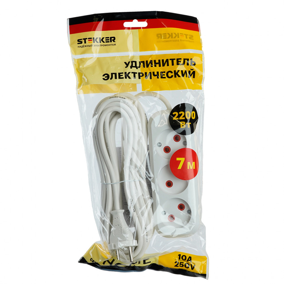 Удлинитель 3-местный б/з Stekker, HM01-30-07, 7м, 2x0,75, серия Home (У10-430), белый, артикул STEKKER 39212