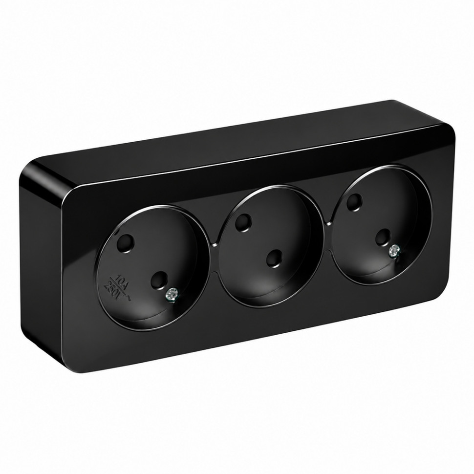 Розетка 3-местная с/з открытой установки, STEKKER, 250В, 16А, IP20, серия София, черный матовый, MST16-13-05, артикул STEKKER 49502