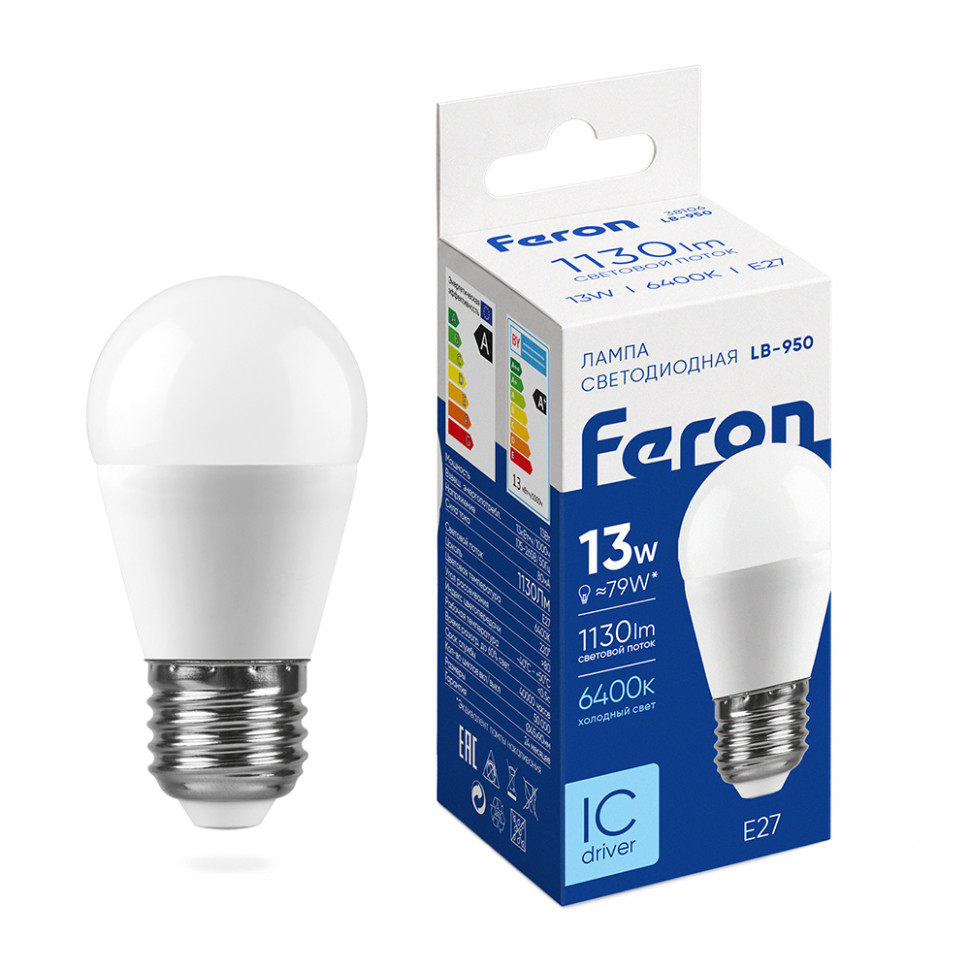 Лампа светодиодная Feron LB-950 Шарик E27 13W 175-265V 6400K, артикул FERON 38106