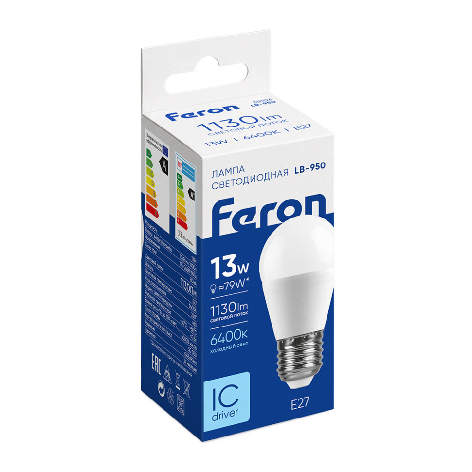 Лампа светодиодная Feron LB-950 Шарик E27 13W 175-265V 6400K, артикул FERON 38106