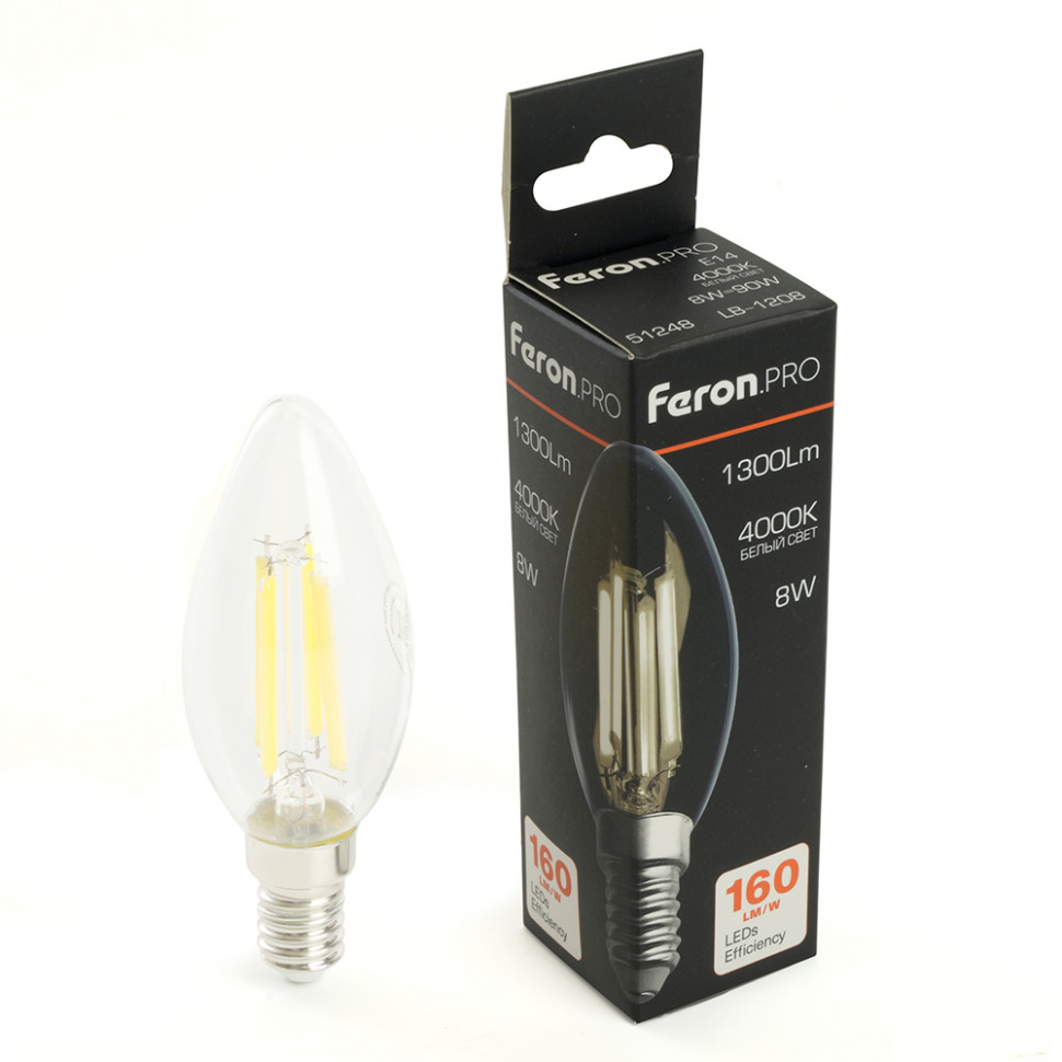Лампа светодиодная Feron.PRO LB-1208 Свеча E14 1300LM 8W 175-265V 4000K, артикул FERON 51248