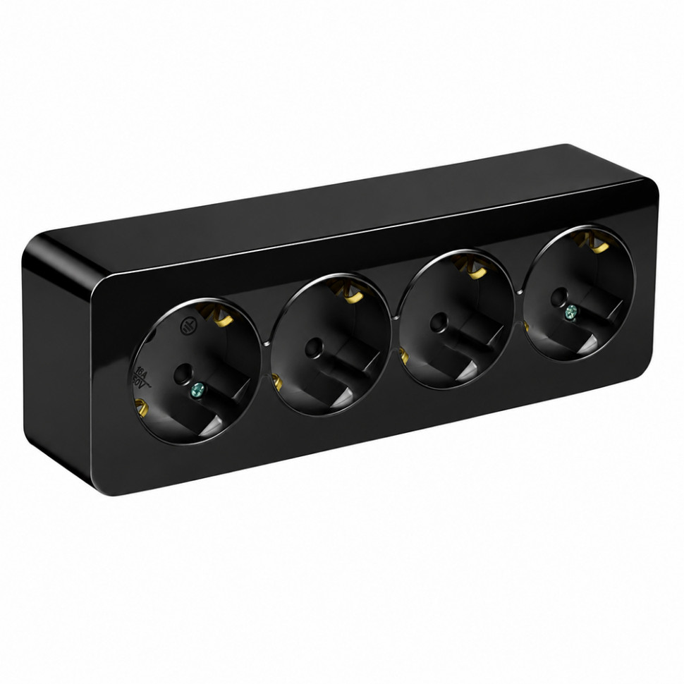 Розетка 4-местная с/з открытой установки, STEKKER, 250В, 16А, IP20, серия София, черный матовый, MST16-14-05, артикул STEKKER 49506