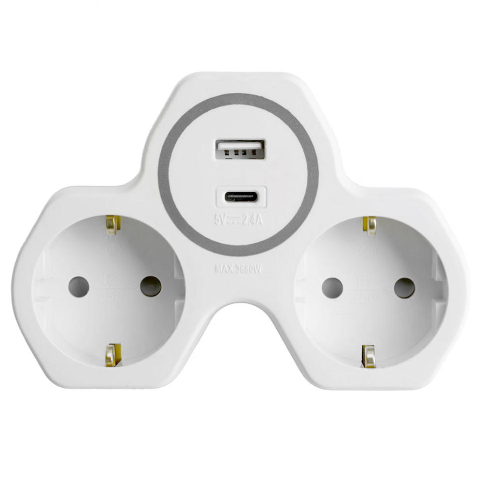 Разветвитель сетевой 2-местный с/з STEKKER ADP16-15-20, 250V, 16A и USB+Type C на 2.4А, белый/серый, артикул STEKKER 50071
