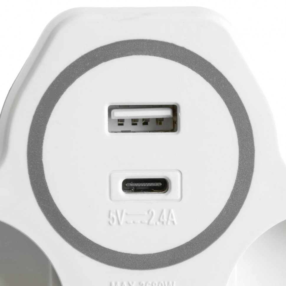 Разветвитель сетевой 2-местный с/з STEKKER ADP16-15-20, 250V, 16A и USB+Type C на 2.4А, белый/серый, артикул STEKKER 50071