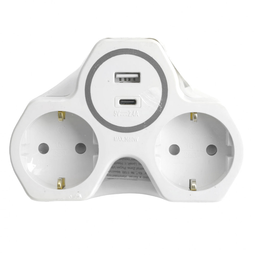 Разветвитель сетевой 2-местный с/з STEKKER ADP16-15-20, 250V, 16A и USB+Type C на 2.4А, белый/серый, артикул STEKKER 50071