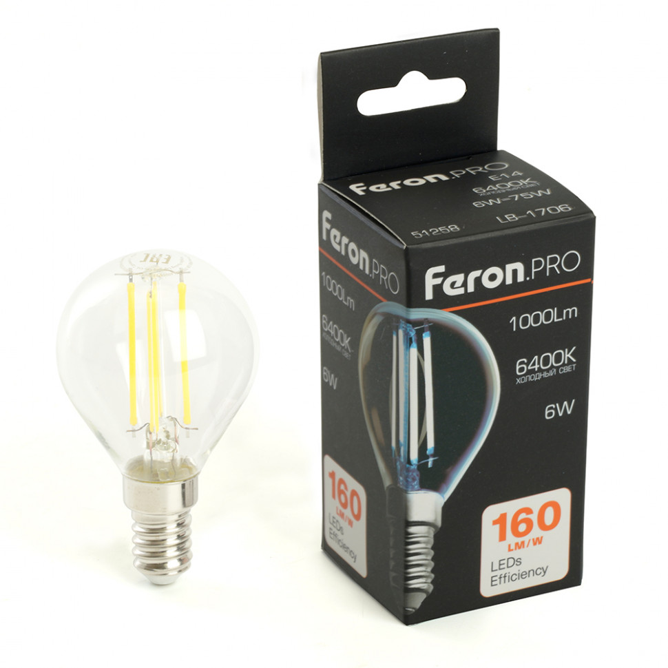 Лампа светодиодная Feron.PRO LB-1706 Шарик E14 1000LM 6W 175-265V 6400K, артикул FERON 51258