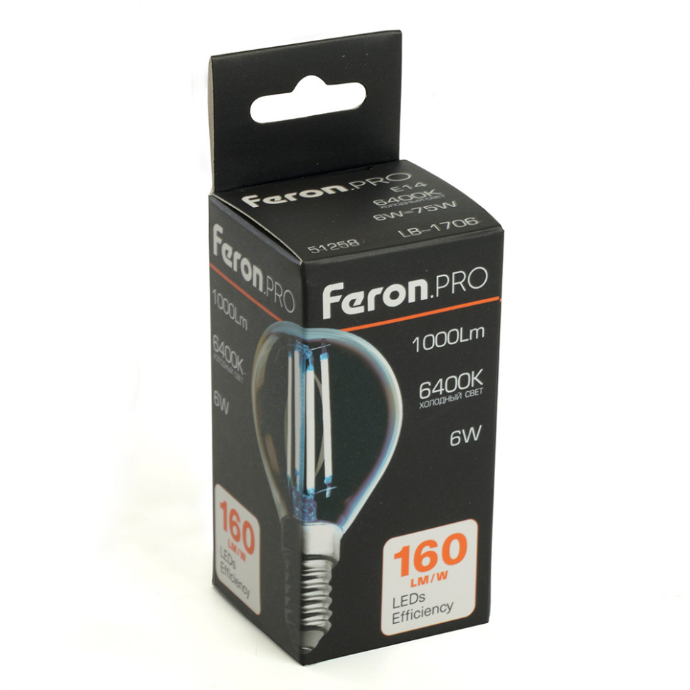 Лампа светодиодная Feron.PRO LB-1706 Шарик E14 1000LM 6W 175-265V 6400K, артикул FERON 51258