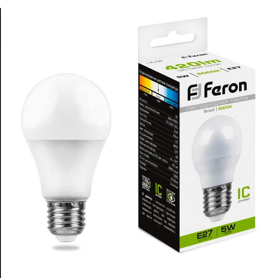 Лампа светодиодная Feron LB-38 Шарик E27 5W 175-265V 4000K, артикул FERON 25405