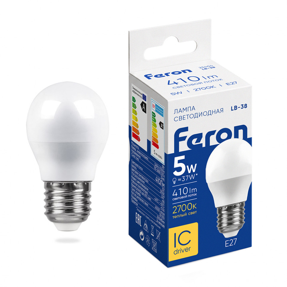Лампа светодиодная Feron LB-38 Шарик E27 5W 175-265V 4000K, артикул FERON 25405