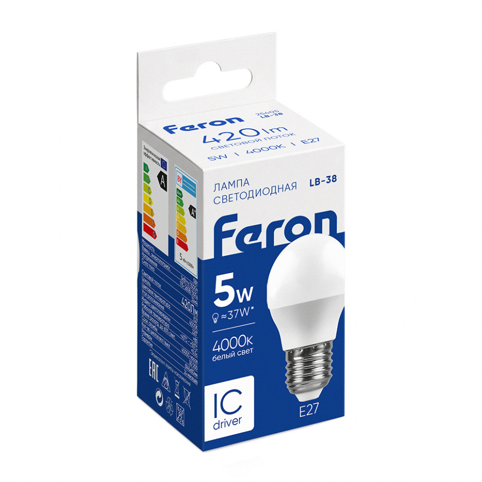 Лампа светодиодная Feron LB-38 Шарик E27 5W 175-265V 4000K, артикул FERON 25405