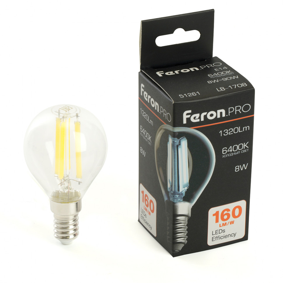 Лампа светодиодная Feron.PRO LB-1708 Шарик E14 1320LM 8W 175-265V 6400K, артикул FERON 51261