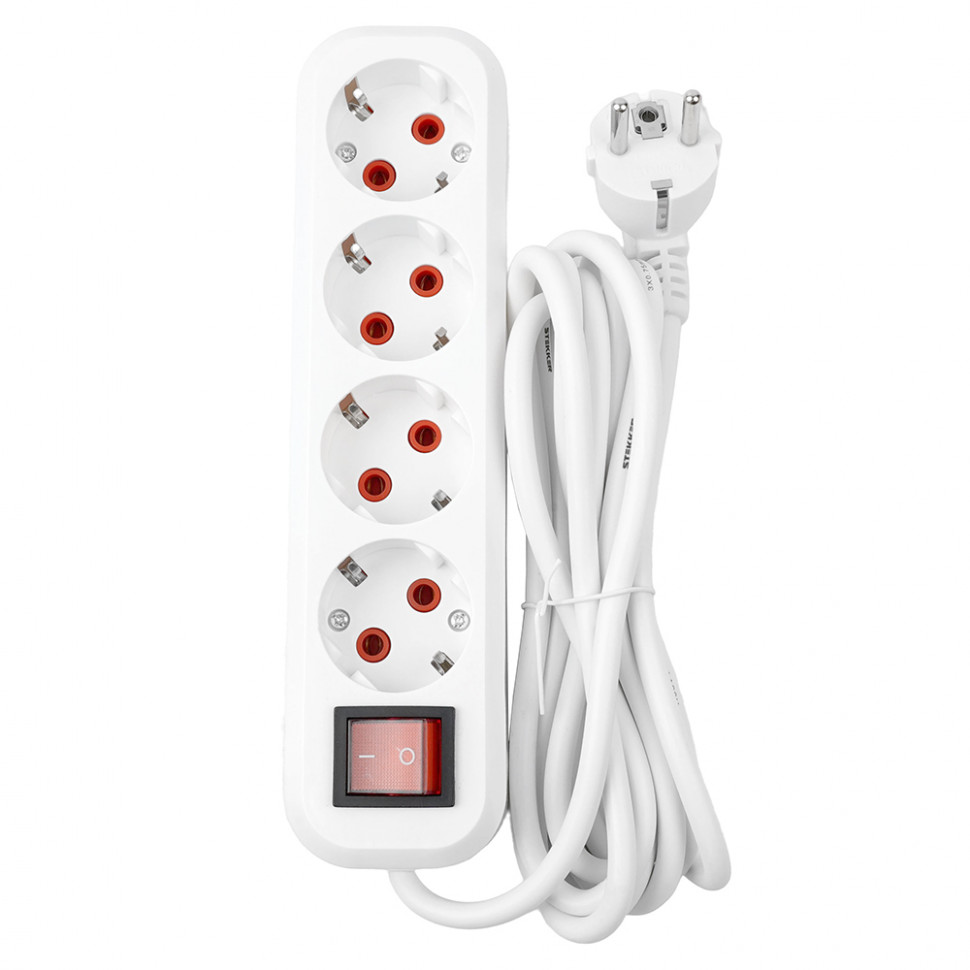 Удлинитель четырехместный с/з с выключателем STEKKER HM03-41-02 3x0,75, 2м, серия Home (У10А-003), белый, артикул STEKKER 39523