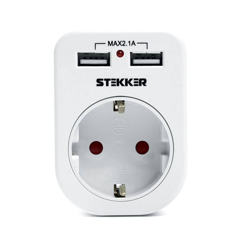 Переходник сетевой с/з c 2 USB 2,1А, STEKKER ADP16-24-20, 250В, 16A, IP20, белый, артикул STEKKER 39626