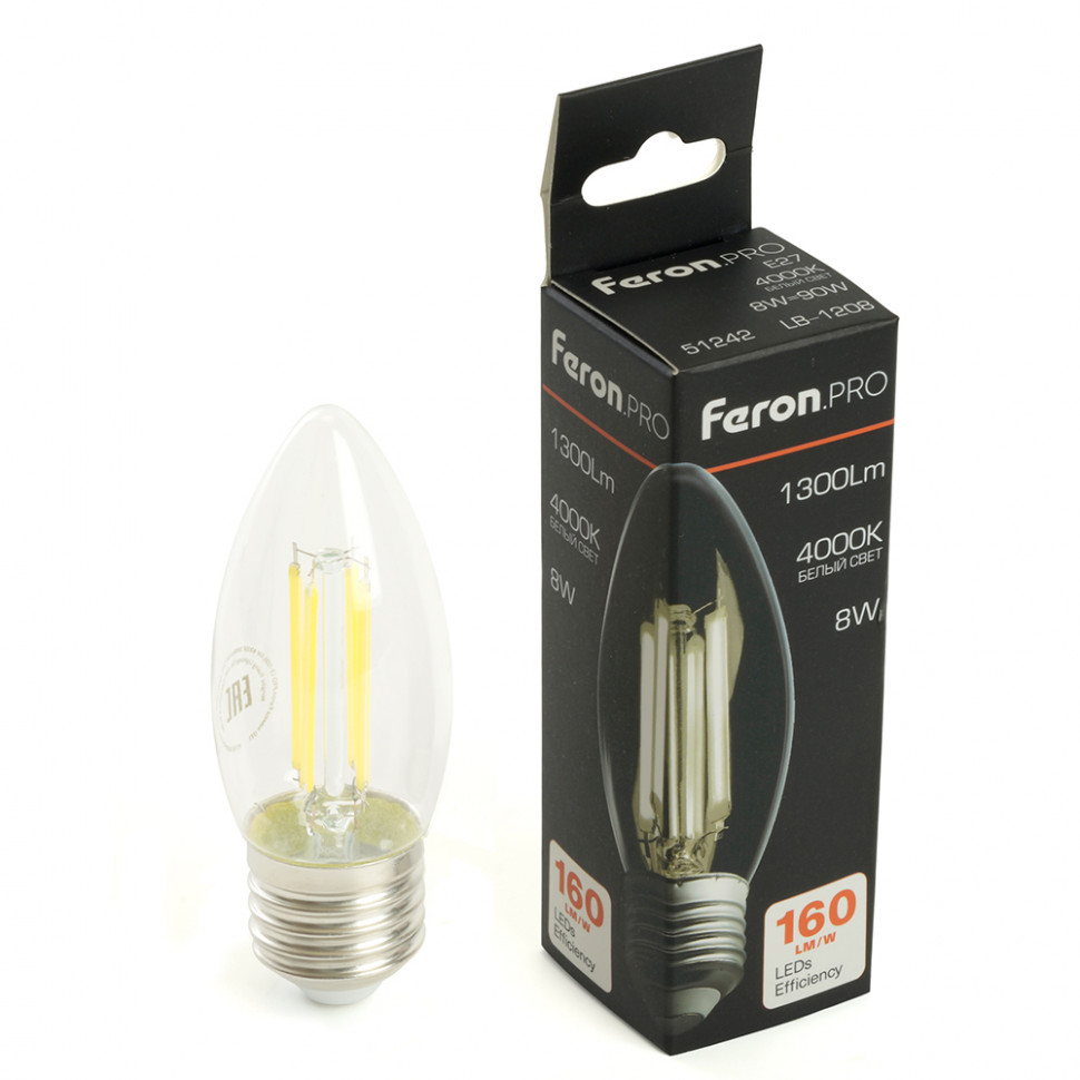 Лампа светодиодная Feron.PRO LB-1208 Свеча E27 1300LM 8W 175-265V 4000K, артикул FERON 51242