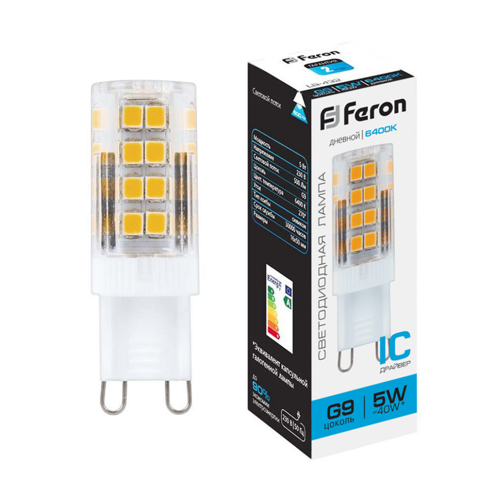 Лампа светодиодная Feron LB-432 G9 5W 175-265V 6400K, артикул FERON 25771