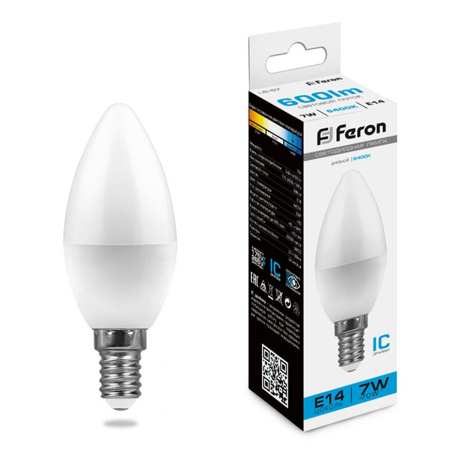 Лампа светодиодная Feron LB-97 Свеча E14 7W 175-265V 6400K, артикул FERON 25477