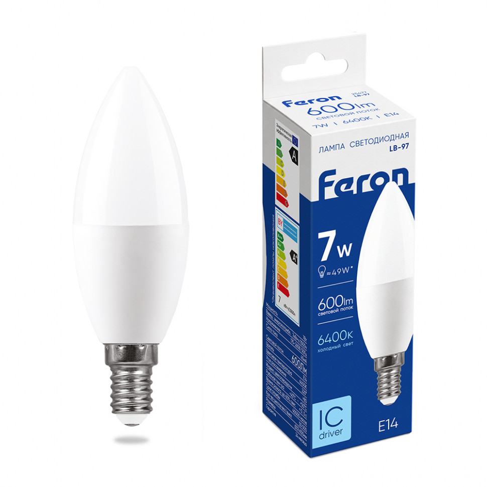 Лампа светодиодная Feron LB-97 Свеча E14 7W 175-265V 6400K, артикул FERON 25477