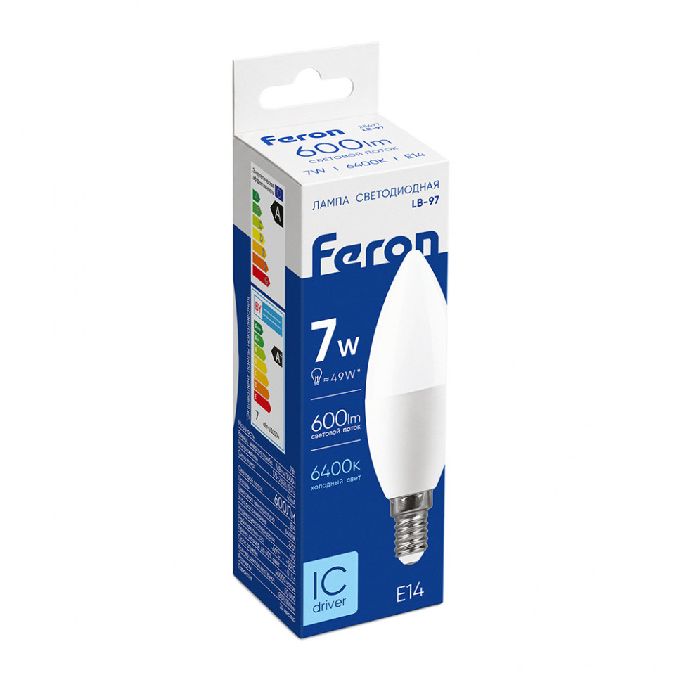 Лампа светодиодная Feron LB-97 Свеча E14 7W 175-265V 6400K, артикул FERON 25477