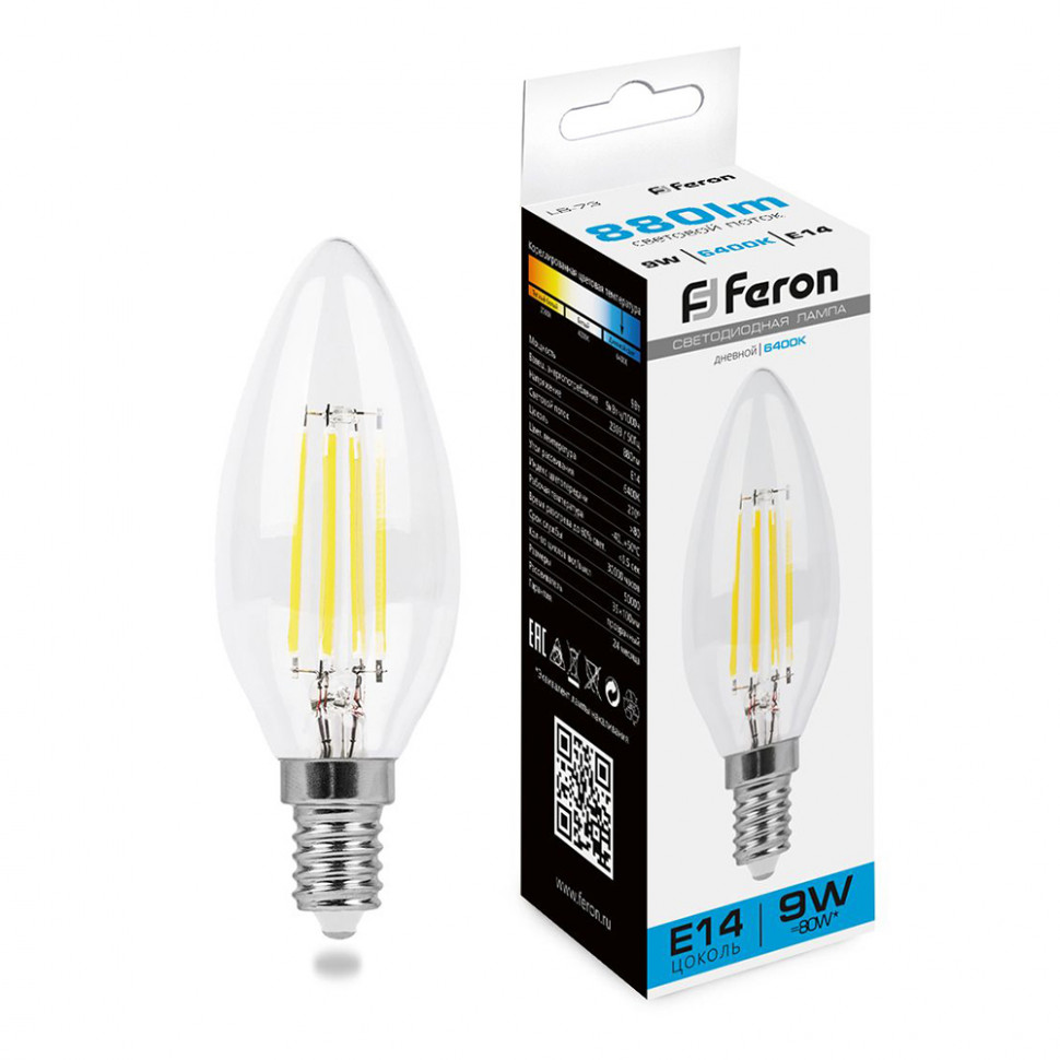 Лампа светодиодная Feron LB-73 Свеча E14 9W 230V 6400K, артикул FERON 38229
