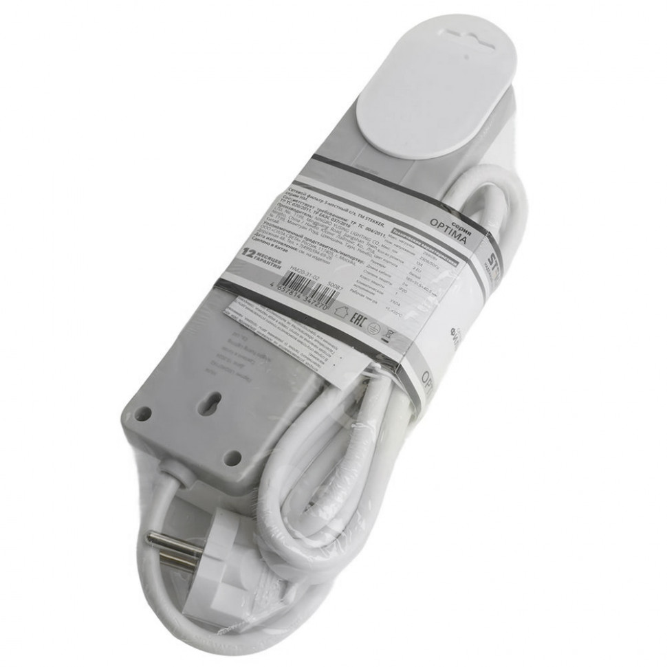 Сетевой фильтр 3-местный с/з STEKKER HM20-31-03 3x1мм2, 3 м, 250В, 16А, серия Optima, белый, артикул STEKKER 50087