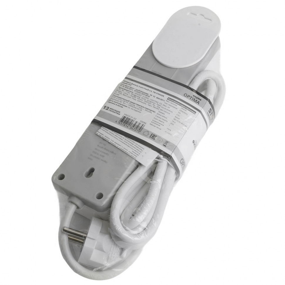 Сетевой фильтр 3-местный с/з STEKKER HM20-31-02 3x1мм2, 1,8 м, серия Optima, белый, артикул STEKKER 50086