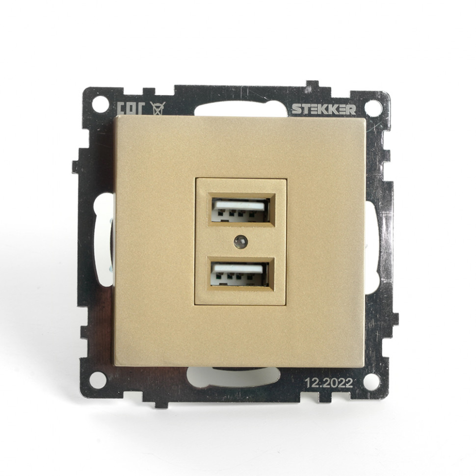 Розетка 2-местная USB (механизм), STEKKER, GLS10-7115-08, 250В, 2,1А, серия Катрин, золото, артикул STEKKER 49229