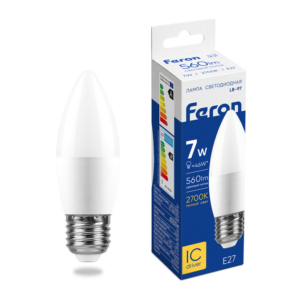 Лампа светодиодная Feron LB-97 Свеча E27 7W 175-265V 2700K, артикул FERON 25758