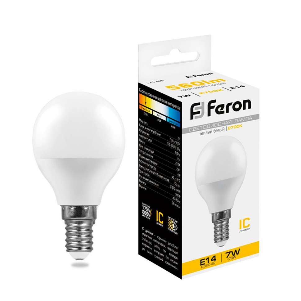 Лампа светодиодная Feron LB-95 Шарик E14 7W 175-265V 2700K, артикул FERON 25478