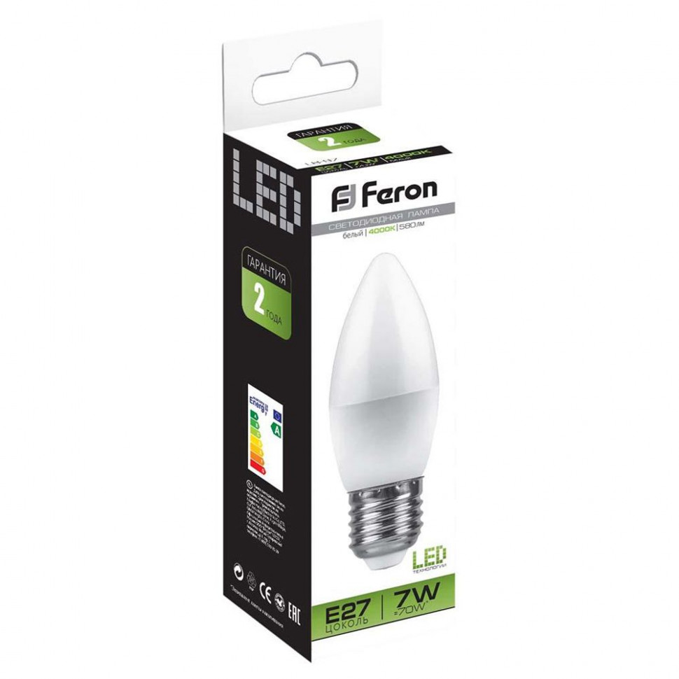 Лампа светодиодная Feron LB-97 Свеча E27 7W 175-265V 4000K, артикул FERON 25759