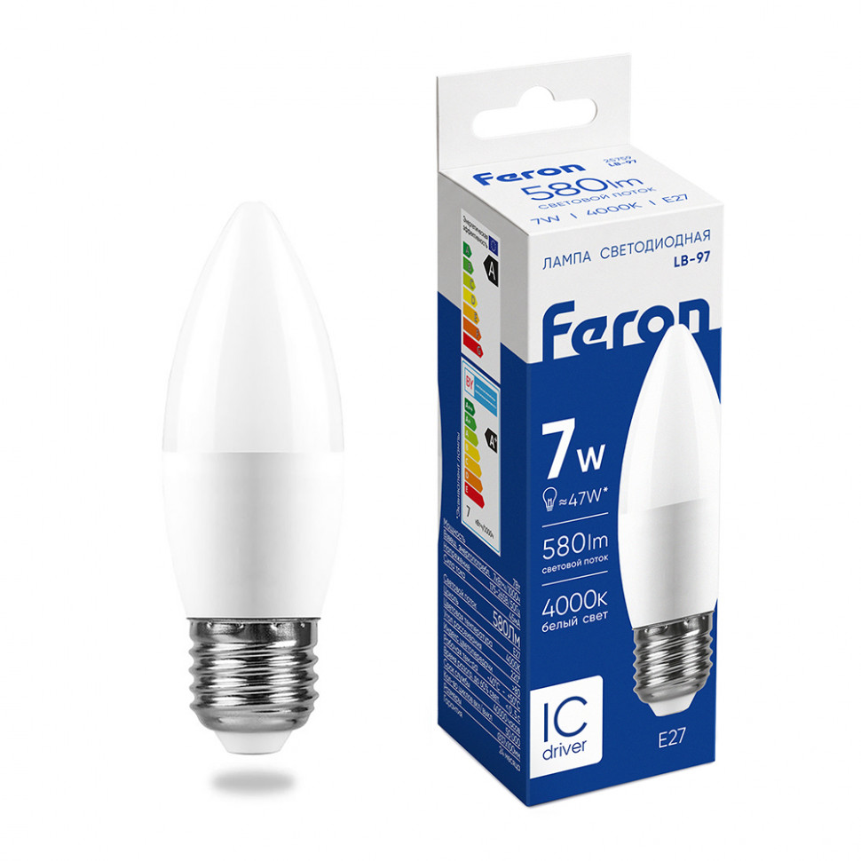 Лампа светодиодная Feron LB-97 Свеча E27 7W 175-265V 4000K, артикул FERON 25759
