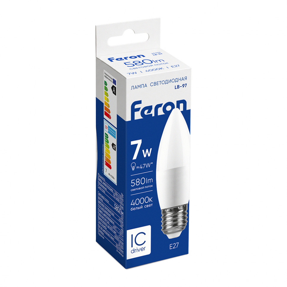 Лампа светодиодная Feron LB-97 Свеча E27 7W 175-265V 4000K, артикул FERON 25759