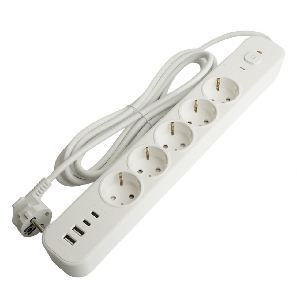 Сетевой фильтр 5-местный с/з STEKKER3x1мм2, 1,8 м, 250В, 16А, 2 USB-A+2 Type-C, серия Nova, белый, артикул STEKKER 50102