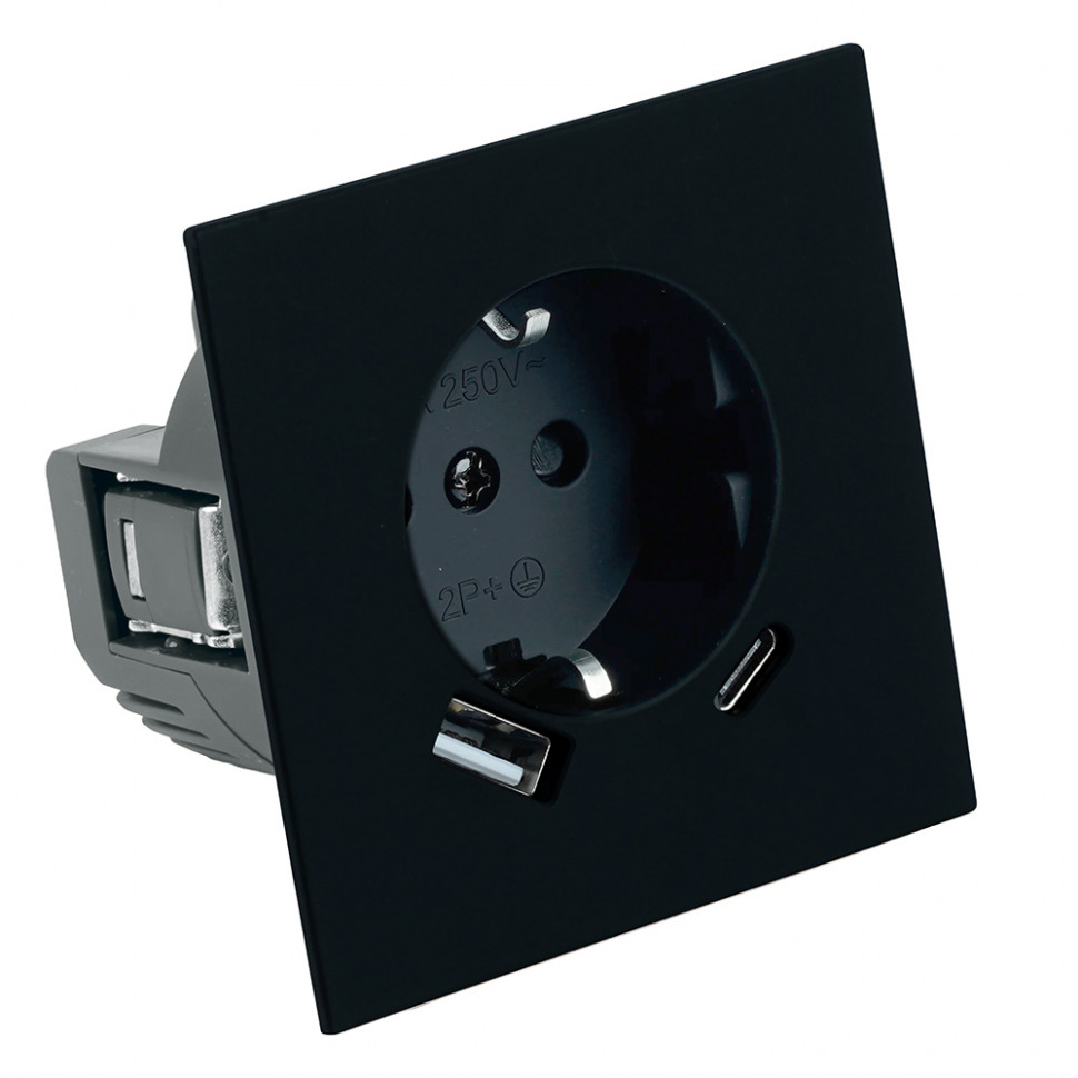 Розетка 1-местная з/ш с/з 16А + USB + Type C (механизм), STEKKER, 250В, 20W, серия Мия, RST16-3119-05, черный бархат, артикул STEKKER 50452