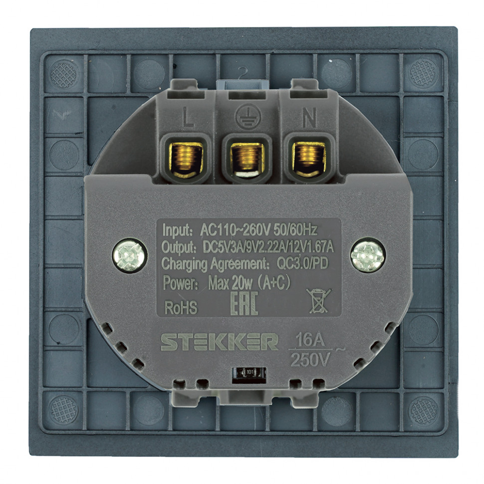 Розетка 1-местная з/ш с/з 16А + USB + Type C (механизм), STEKKER, 250В, 20W, серия Мия, RST16-3119-05, черный бархат, артикул STEKKER 50452