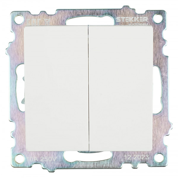 Выключатель 2-клавишный (механизм), STEKKER GLS10-7104-01, 250V, 10А, серия Катрин, белый