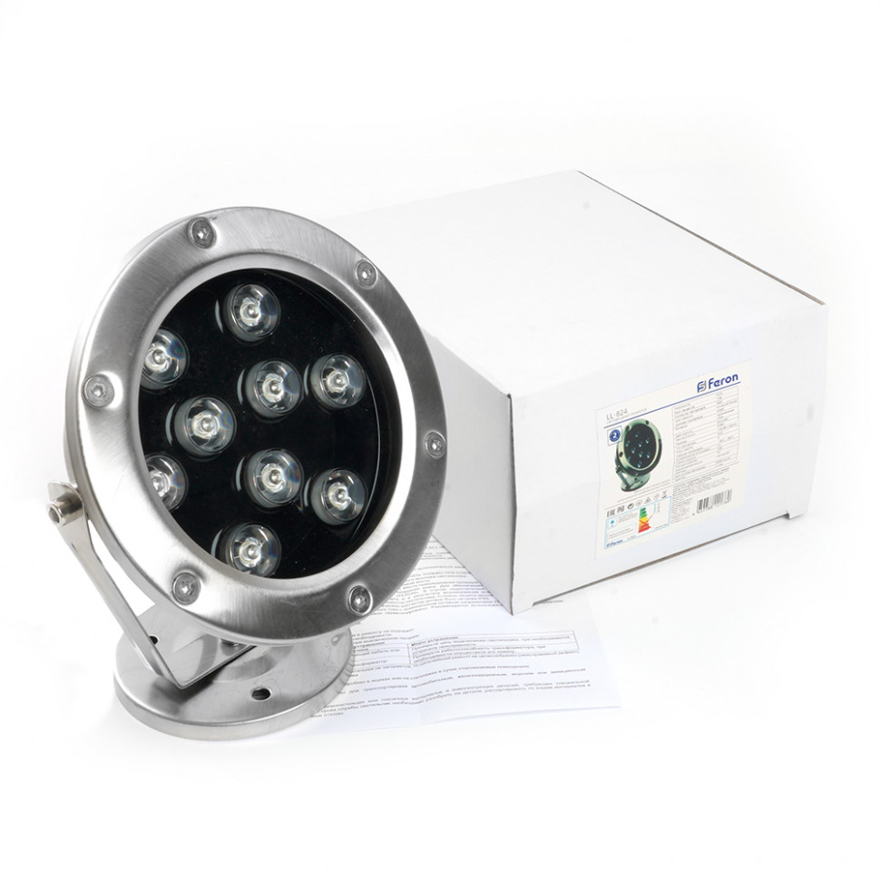 Светодиодный прожектор подводный Feron LL-824, 9W, AC24V, низковольтный, RGB, металлик, 143*75*170mm, IP68, артикул FERON 48468