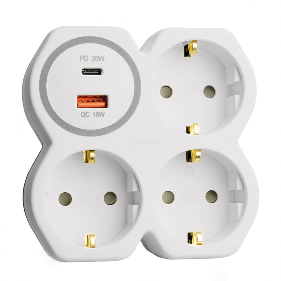 Разветвитель сетевой на 3 выхода с/з, STEKKER, 250В, 16А, USB A+Type C, 2,4А, PD, белый/серый ADP16-17-20, артикул STEKKER 50110