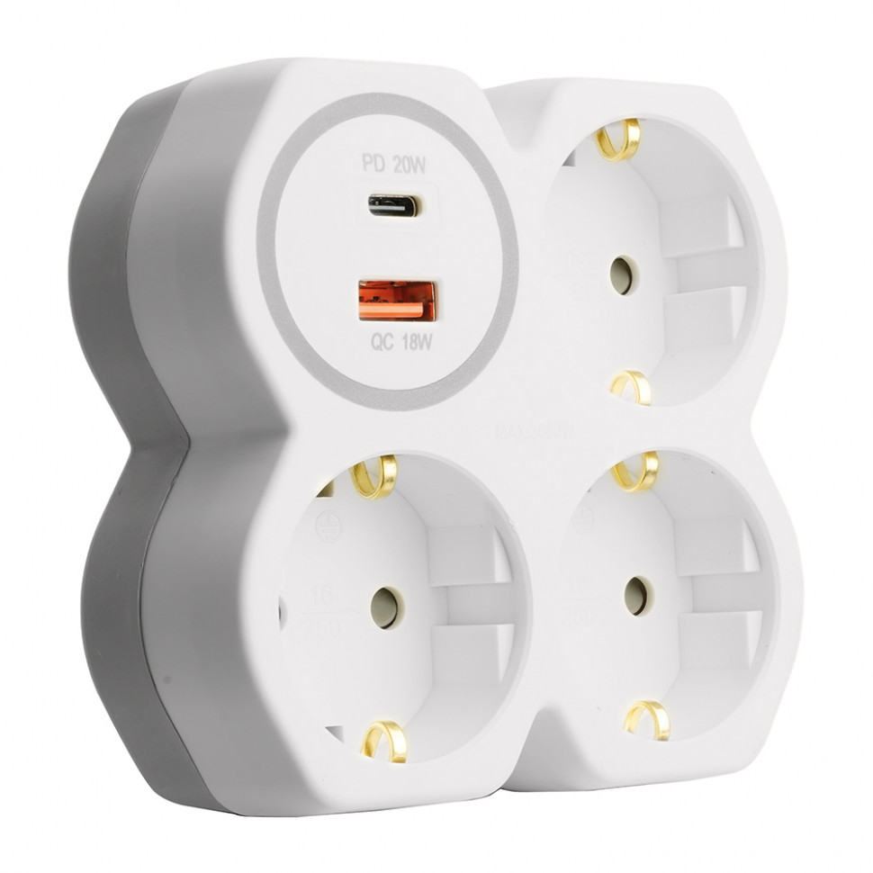 Разветвитель сетевой на 3 выхода с/з, STEKKER, 250В, 16А, USB A+Type C, 2,4А, PD, белый/серый ADP16-17-20, артикул STEKKER 50110