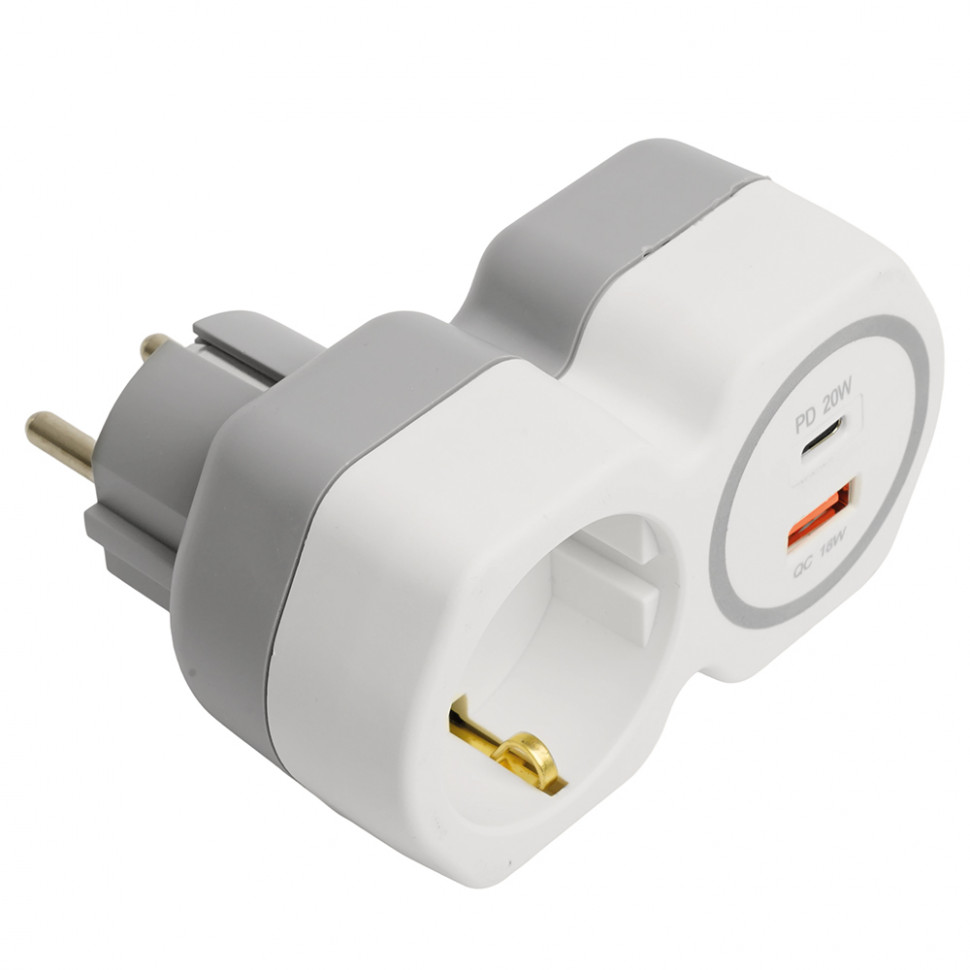 Разветвитель сетевой на 1 выход с/з STEKKER 250В, 16А, USB A+ Type C, 2,4А, PD, белый/серый, ADP16-16-20, артикул STEKKER 50109