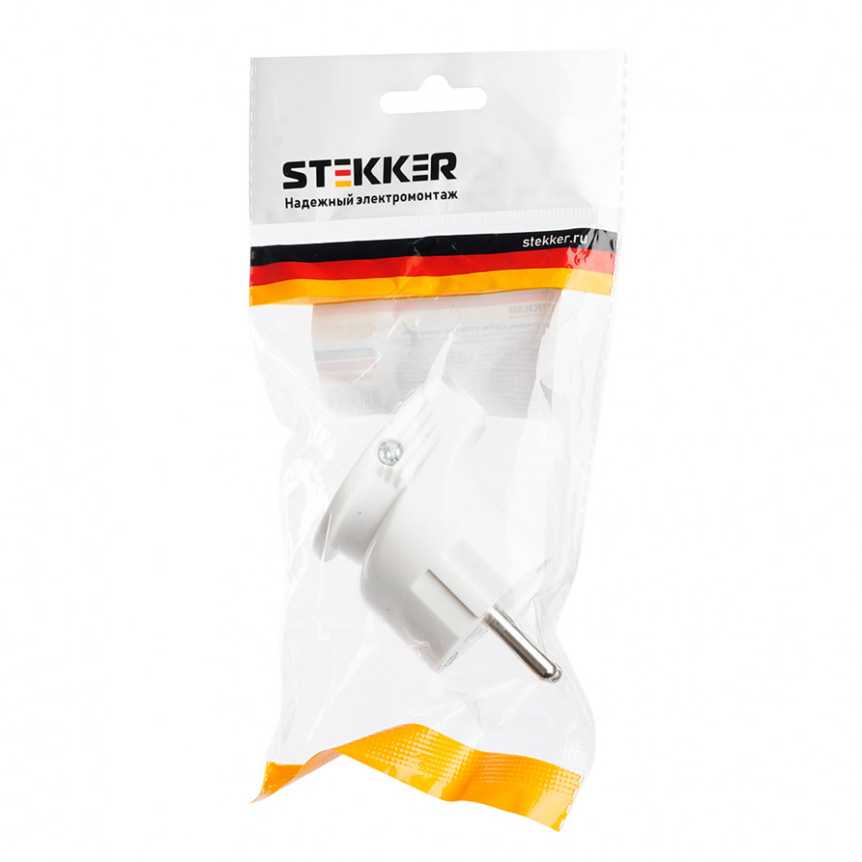 Вилка угловая с/з STEKKER, PPG16-46-202, пластик, 250В, 16A, IP20, белый, артикул STEKKER 39825