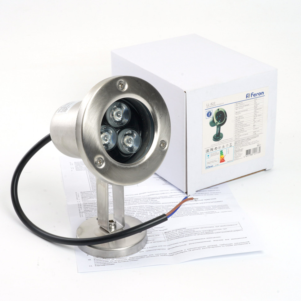 Светодиодный прожектор подводный Feron LL-822, 3W, AC/DC24V, низковольтный, 2700K, металлик, 80*80*130mm, IP68, артикул FERON 48456