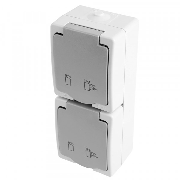 Розетка 2-местная с крышкой с/з STEKKER PST16-22-54V, пластик АВS, 250В, 16А, IP54,  белый/серый