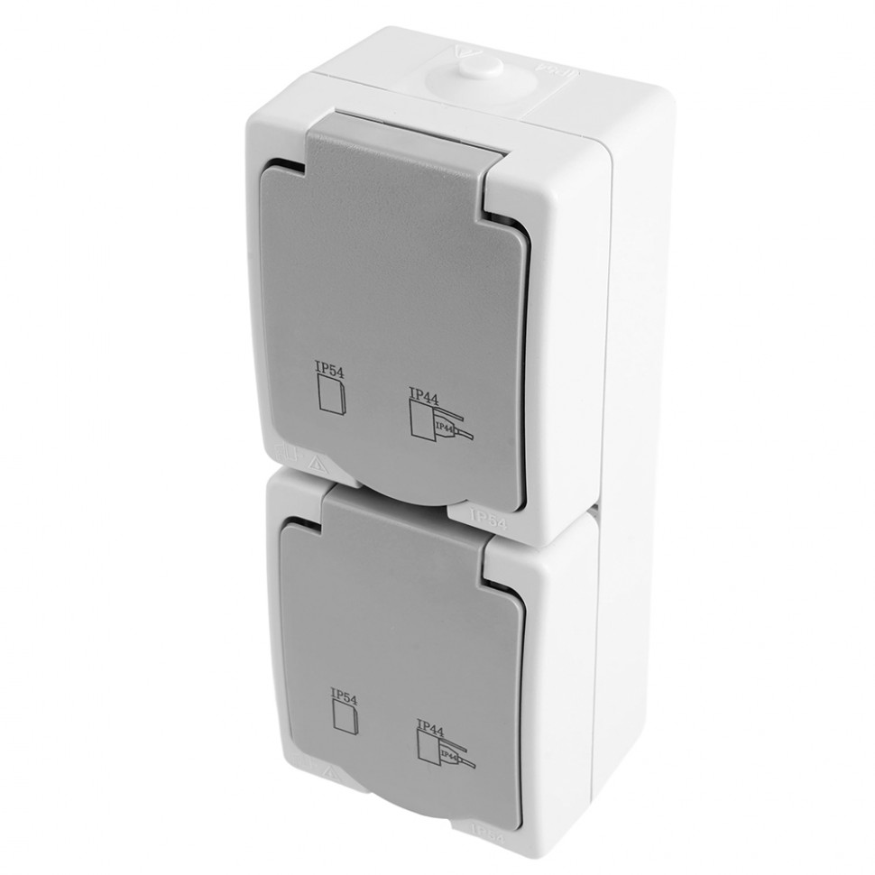 Розетка 2-местная с крышкой с/з STEKKER PST16-22-54V, пластик АВS, 250В, 16А, IP54,  белый/серый, артикул STEKKER 49737