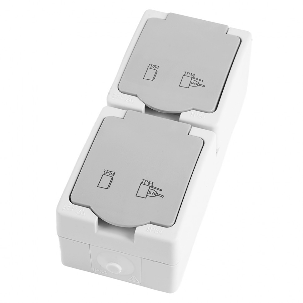 Розетка 2-местная с крышкой с/з STEKKER PST16-22-54V, пластик АВS, 250В, 16А, IP54,  белый/серый, артикул STEKKER 49737